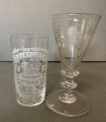 Two pieces of etched Victorian glass, an ale glass with hop and grape motif and a Dunvilles Irish