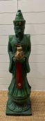 An Oriental garden statue of a man holding a ginger jar painted in green, gold and red height 109cm