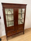 An Edwardian mahogany display cabinet astragal-glazed doors with lower panelling on tapering legs