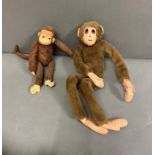 A vintage French monkey plush soft toy with jointed arms and legs along with a monkey with metal