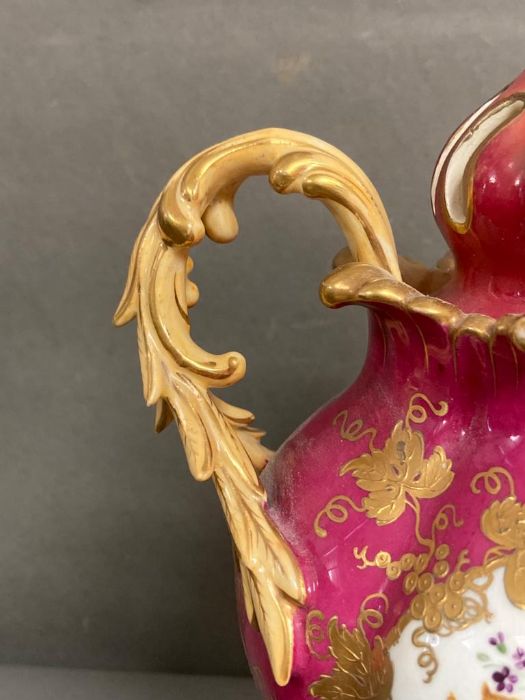 A pair of Samuel Alcock porcelain Rococo revival vases, maroon flowers and birds H30cm - Image 6 of 8