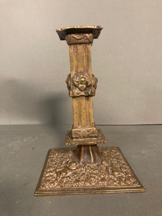 A Victorian style brass candle holder with cherubs to base and stem - Image 3 of 4