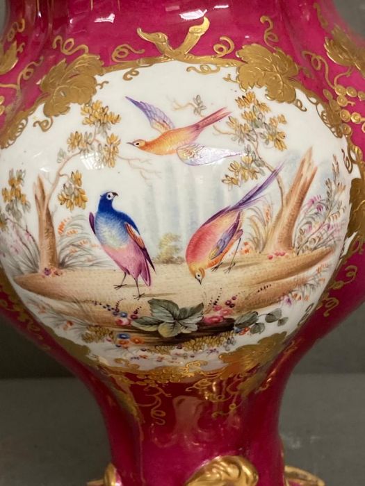 A pair of Samuel Alcock porcelain Rococo revival vases, maroon flowers and birds H30cm - Image 7 of 8