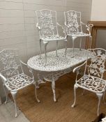 A white painted iron garden table and four chairs (H68cm W156cm D89cm)