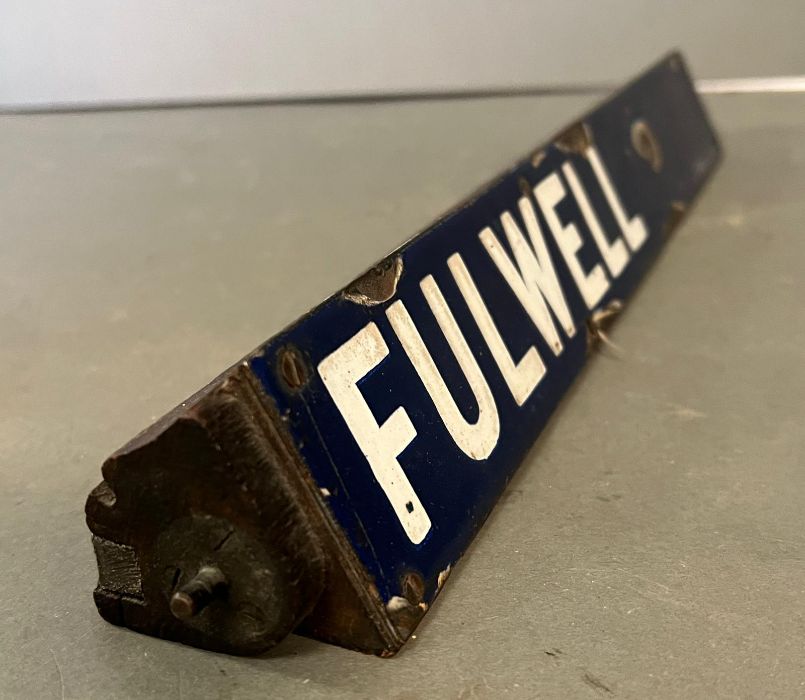 An enamel "Fulwell" sign on wooden base possibly of a bus or tram - Image 2 of 3