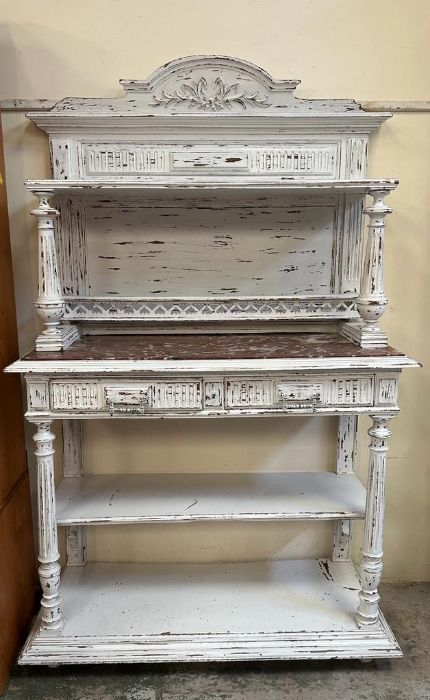 A white painted marble topped French style buffet (H186cm W114cm D46cm)