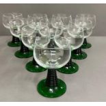 Ten French green beehive stem wine glassess