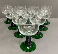 Ten French green beehive stem wine glassess