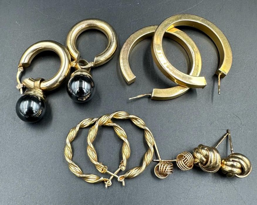 A selection of five pairs of 9ct gold earrings, various styles and fashions (Approximate Total