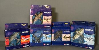 A selection of five Corgi Diecast model aeroplanes from the Aviator Archive collection