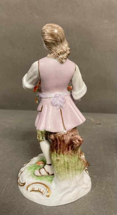 Two hand painted Dresden figurines, a gentleman with a dog and a lady with flower (H15cm) - Image 2 of 6
