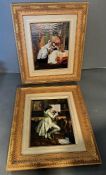 Two framed paintings of two fashionable dressed ladies and a gentleman playing the flute signed R
