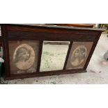 A mahogany mantel mirror with two portraits either side (142cm x 85cm)