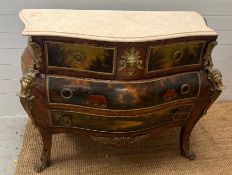 A Venetian or Louis style commode with bombe form and marble top (H100cm W120cm D55cm)
