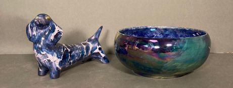 Two Studio ceramics , a Dachshund and a bowl in blue and purple