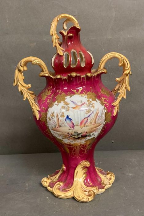 A pair of Samuel Alcock porcelain Rococo revival vases, maroon flowers and birds H30cm - Image 4 of 8