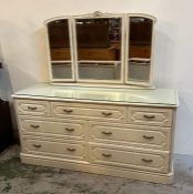 A seven drawer white dressing table with three panelled vanity mirror (H72cm W143cm D47cm)