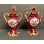 A pair of Samuel Alcock porcelain Rococo revival vases, maroon flowers and birds H30cm