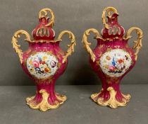 A pair of Samuel Alcock porcelain Rococo revival vases, maroon flowers and birds H30cm