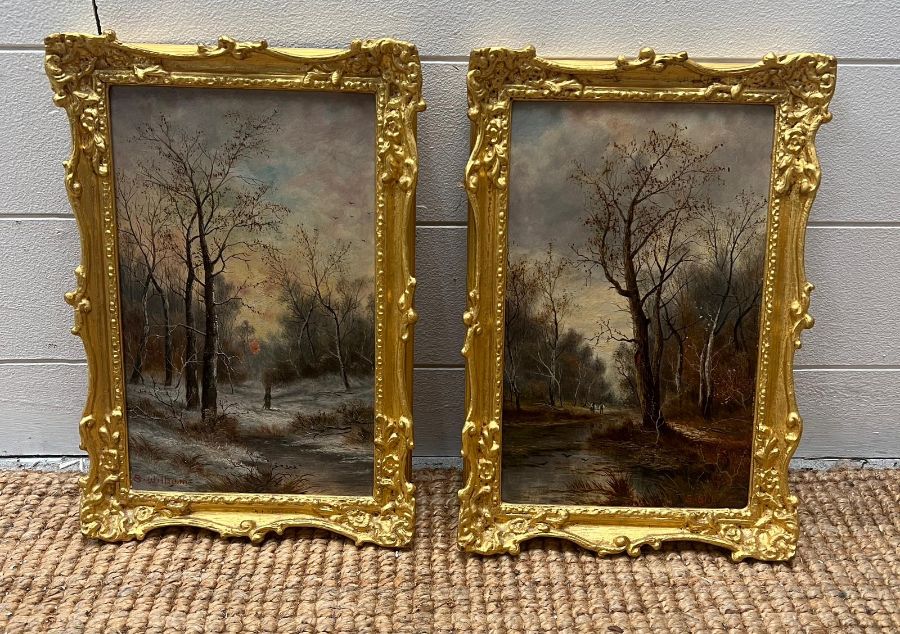 A pair of oil on board of woodland scenes, signed S William (18cm x 31cm)