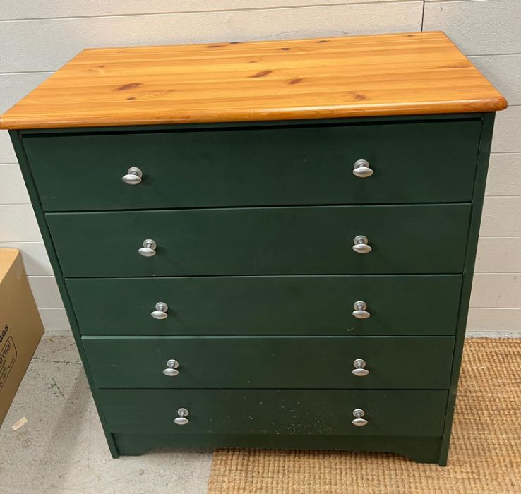 A five drawer chest of drawers, pine effect top and green base (H82cm W83cm D41cm) - Image 2 of 3