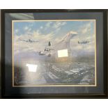 A large framed print of Concorde in flight flanked by Spitfire