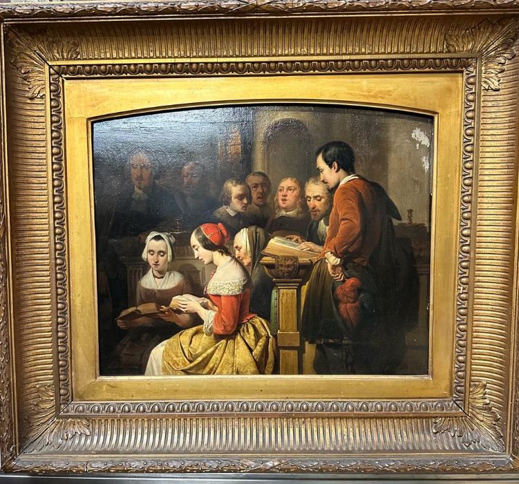 A 19th Century oil on panel in gilt frame depicting a woman in red hat at prayer surrounded by