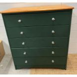 A five drawer chest of drawers, pine effect top and green base (H82cm W83cm D41cm)