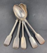 A selection of five Georgian spoons, various makers, marks and years (Approximately 200g)