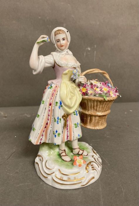 Two hand painted Dresden figurines, a gentleman with a dog and a lady with flower (H15cm) - Image 4 of 6