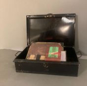 A metal deed box containing two early 19th Century scrap books with a variety of handwritten