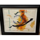 An abstract water colour oranges and blue signed lower right 86cm x 104cm