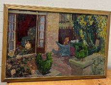Oil on board of a garden scene signed lower right