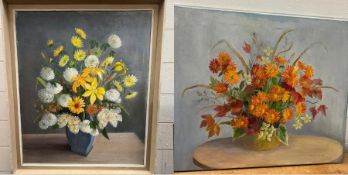 Two still life oil on canvas by Huldah Walters flower in vase and orange and greens