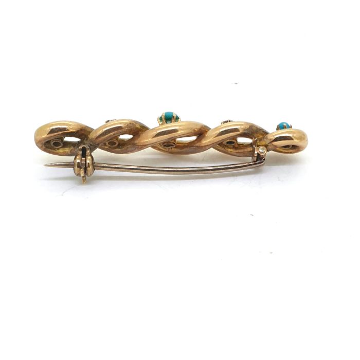 Testing 15ct gold a twist bar brooch set with turquoise and diamonds - Image 2 of 2