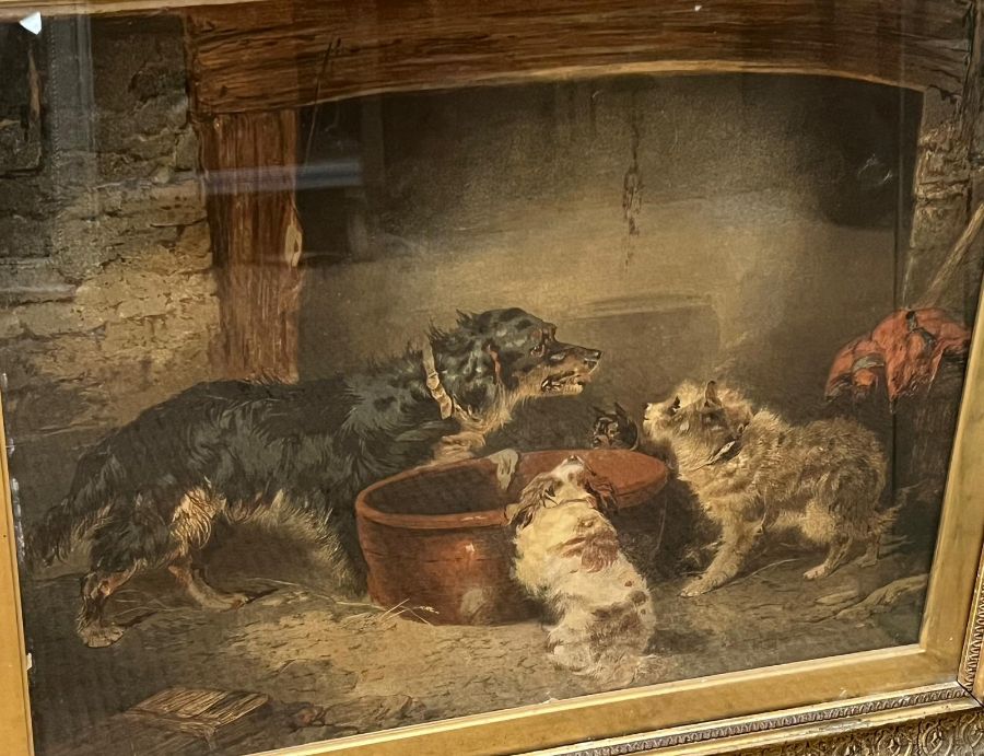 Two English school 19th Century style oil on canvas in large gilt frames, dogs hunting and dogs - Image 3 of 6