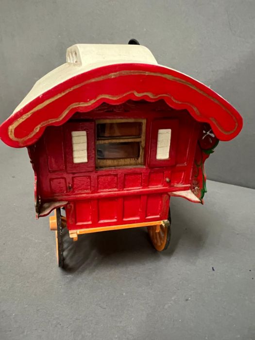 A wooden model of a Gypsy caravan with moving parts and china horse, stamped to base - Image 5 of 8