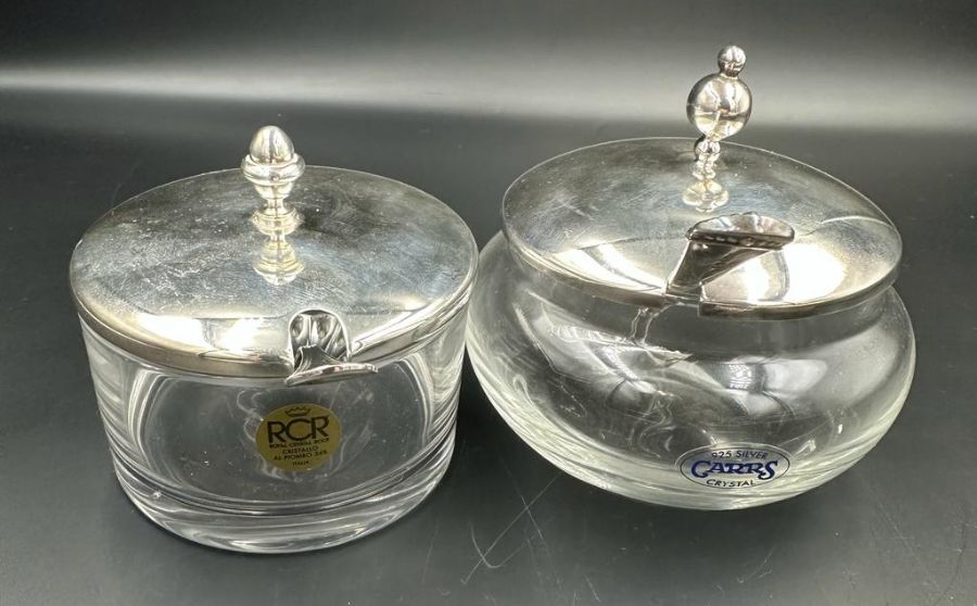 A Carrs silver and glass jam pot with silver spoon and a RCR 925 silver glass and silver jam pot - Image 2 of 3