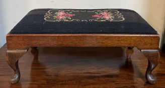 A Victorian foot stool on cabriole legs and needlework pad