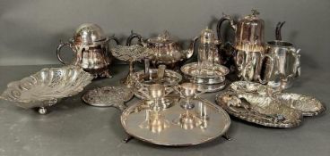 A selection of quality silverplated items to include tea service and a pair of wine coasters etc.