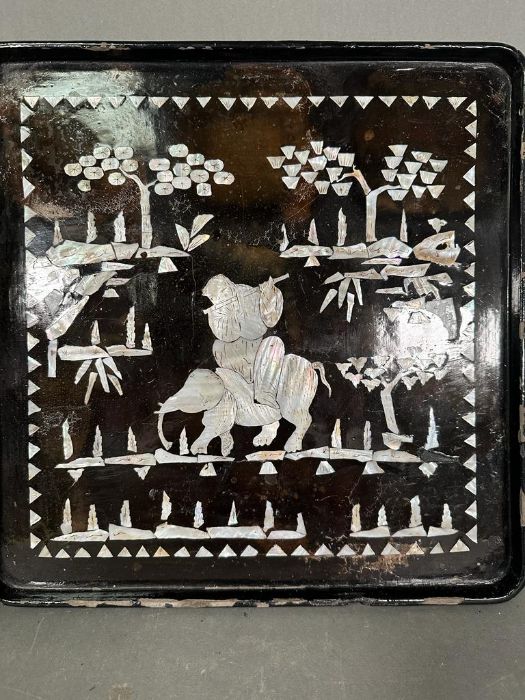 An Oriental mother of pearl and papier-mâché box AF along with a tray. - Image 2 of 5