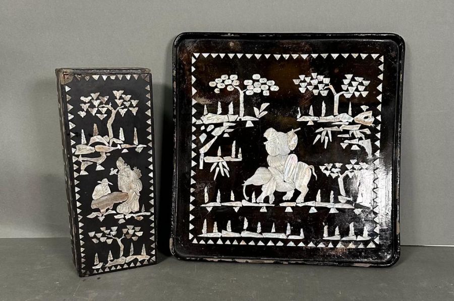 An Oriental mother of pearl and papier-mâché box AF along with a tray.