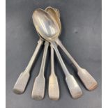 A selection of five Georgian spoons, various makers, marks and years (Approximately 200g)