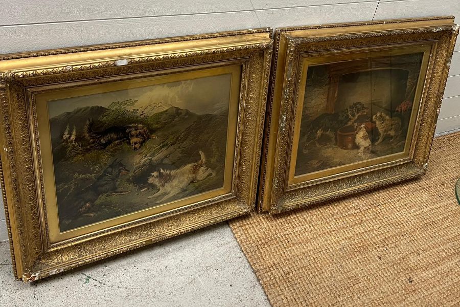 Two English school 19th Century style oil on canvas in large gilt frames, dogs hunting and dogs