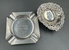 An engraved silver ashtray along with a pierced Birmingham hallmarked pin dish (Approximate combined