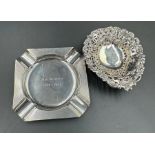 An engraved silver ashtray along with a pierced Birmingham hallmarked pin dish (Approximate combined