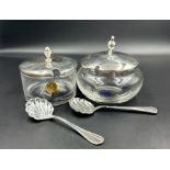 A Carrs silver and glass jam pot with silver spoon and a RCR 925 silver glass and silver jam pot