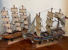 Two model sailing boats HMS Bounty and Mayflower