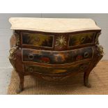 A Venetian or Louis style commode with bombe form and marble top (H100cm W120cm D55cm)