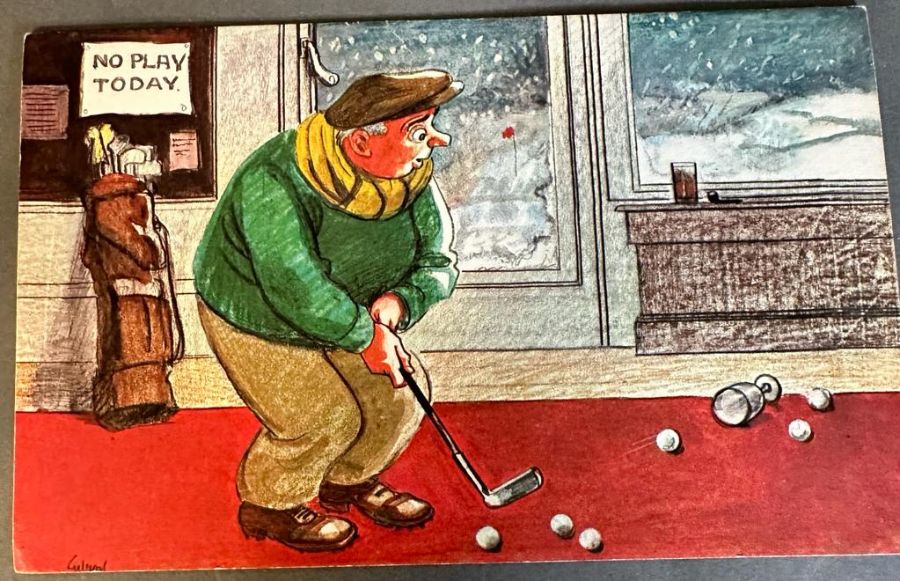 A vintage greetings card from Royale publications by John Gilroy titled Practice at the 19th